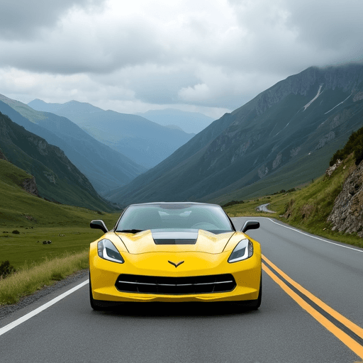 Flux Turbo (Pruna) - Three-quarters front view of a yellow 2017 Corvette coming around a curve in a mountain road and looking over a green valley on a cloudy day.