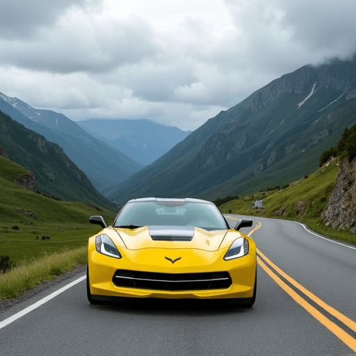 Flux Dev (Base) - Three-quarters front view of a yellow 2017 Corvette coming around a curve in a mountain road and looking over a green valley on a cloudy day.